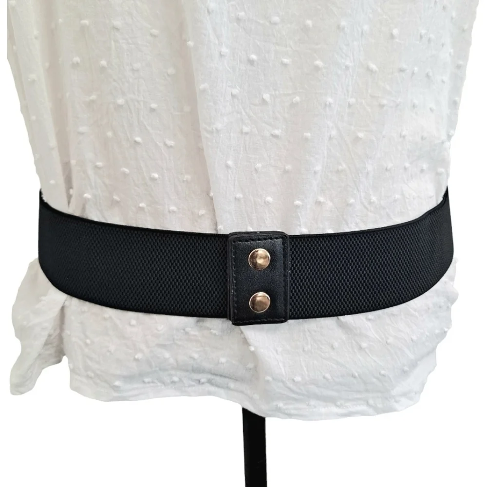 Black Stretch Wide Waist Belt Gold Triple Ring Buckle Elastic Classic Statement